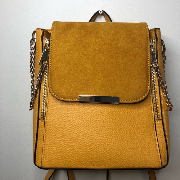 Call It Spring Golden Mustard Faux Leather & Suede Backpack Handbag Gold Chains - Picture 2 of 9
